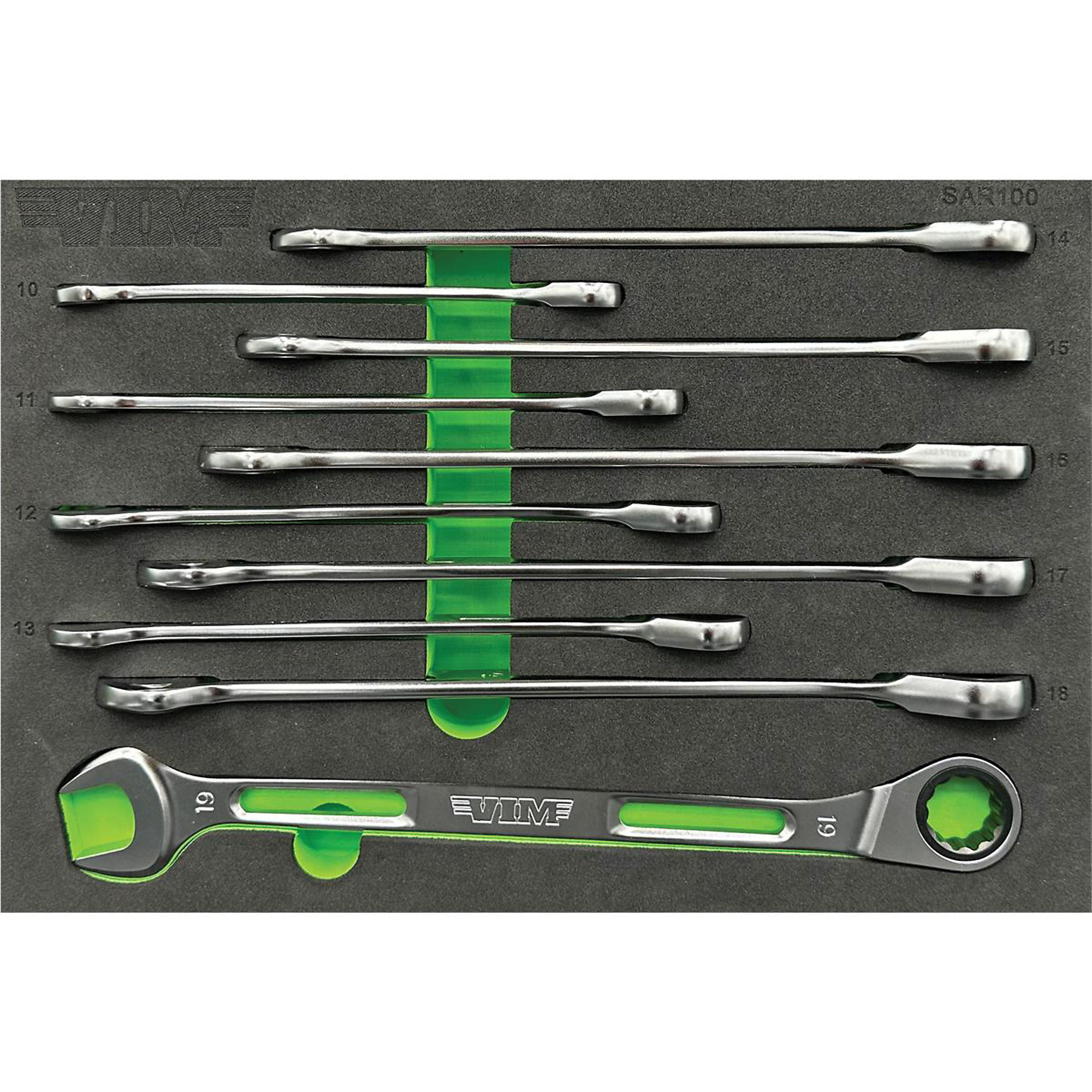 VIM Tools Slim Angled Ratcheting Wrench Set — 10-Piece, 10-19mm, Slim Body Design, Model# VIMSAR100